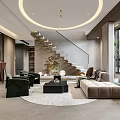 Modern Living and Dining Room Interior With Circular Ceiling Light Green Chairs and Large Windows
