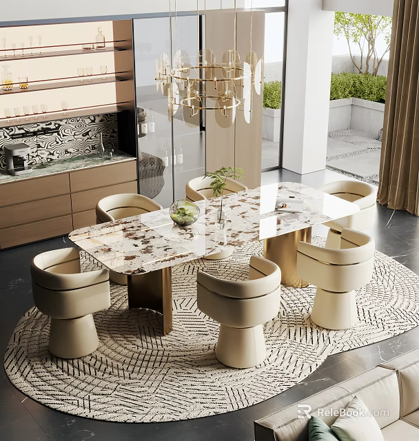 Modern Elegant Dining Table Set With Marble Top Beige Chairs Wooden Legs And Textured Rug 3d model 