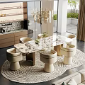 Modern Elegant Dining Table Set With Marble Top Beige Chairs Wooden Legs And Textured Rug