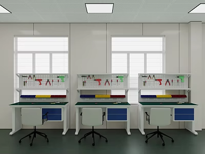 Three Functional Desks In Laboratory Workspace With Overhead Shelves Tools Drawers And Green Chairs 3d model