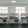 Three Functional Desks In Laboratory Workspace With Overhead Shelves Tools Drawers And Green Chairs 3d model
