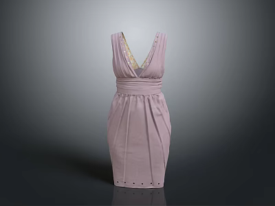 Elegant Pink Sleeveless V Neck Dress With Pleated Waist And Hem Details 3d model