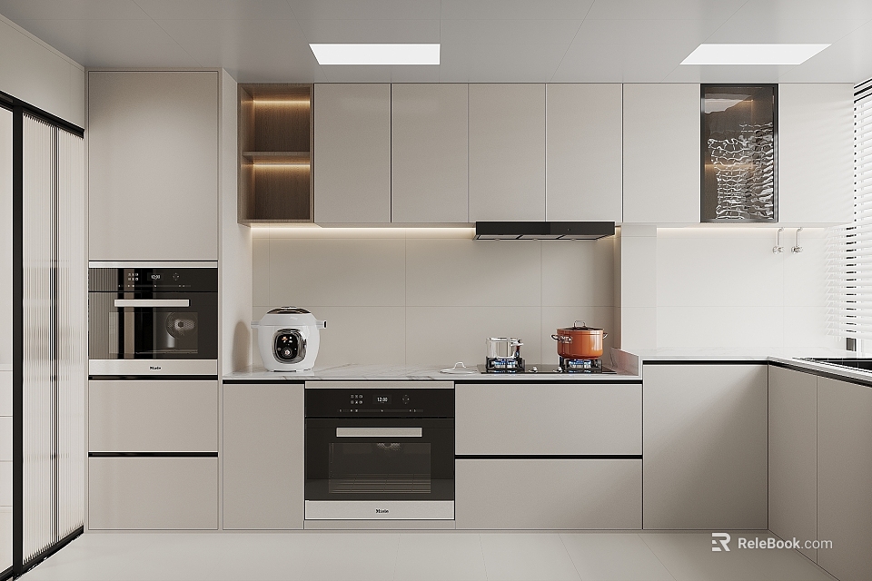 Modern Kitchen Interior With White Cabinets Built in Appliances And Sleek Countertop 3d model 