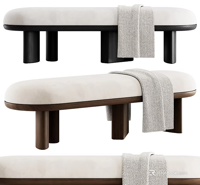 Modern Beige Upholstered Bench With Dark Wooden Legs And Throw Blanket 3d model 