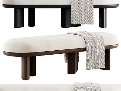 Modern Beige Upholstered Bench With Dark Wooden Legs And Throw Blanket 3d model