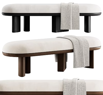 Modern Beige Upholstered Bench With Dark Wooden Legs And Throw Blanket 3d model