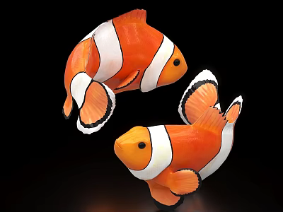 Two Clownfish Aquatic Animals With Orange And White Stripes On Black Background 3d model