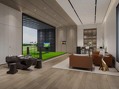 Indoor Golf Fitness Space With Golf Simulator Green Turf Area Sofa And Chairs 3d model