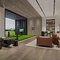 Indoor Golf Fitness Space With Golf Simulator Green Turf Area Sofa And Chairs