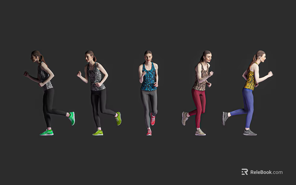 Athletic Woman Running In Different Sportswear Outfits With Dynamic Poses 3d model 