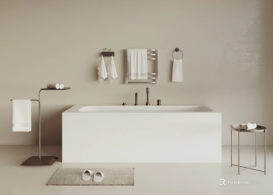 Minimalist Bathroom With White Bathtub And Accessories 3d model 