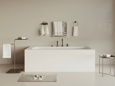 Minimalist Bathroom With White Bathtub And Accessories 3d model