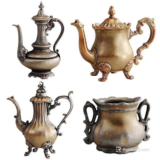 Vintage Ceramic Vessels With Ornate Carvings And Antique Style Designs 3d model 