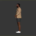 Man Standing In Beige Jacket Gray T-shirt Gray Shorts White Shoes On Gray Background