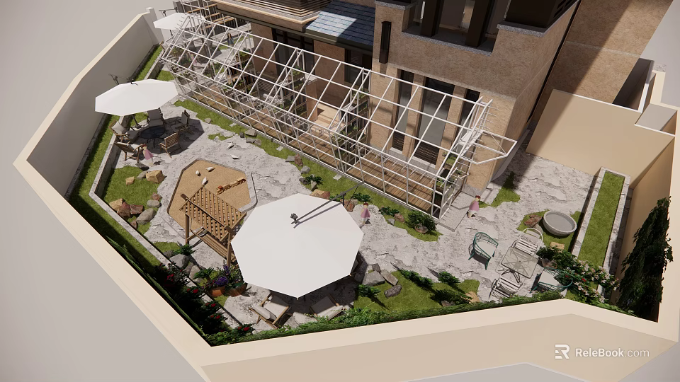 Lush Courtyard Garden Featuring Outdoor Seating Umbrellas Glass Greenhouse And Stone Paving 3d model 