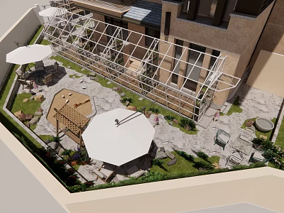 Lush Courtyard Garden Featuring Outdoor Seating Umbrellas Glass Greenhouse And Stone Paving 3d model