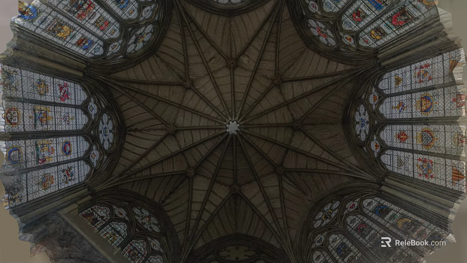 Ancient Architecture Interior With Intricate Vaulted Ceiling And Stained Glass Windows 3d model 