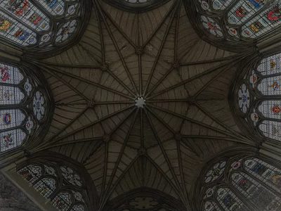 Ancient Architecture Interior With Intricate Vaulted Ceiling And Stained Glass Windows 3d model