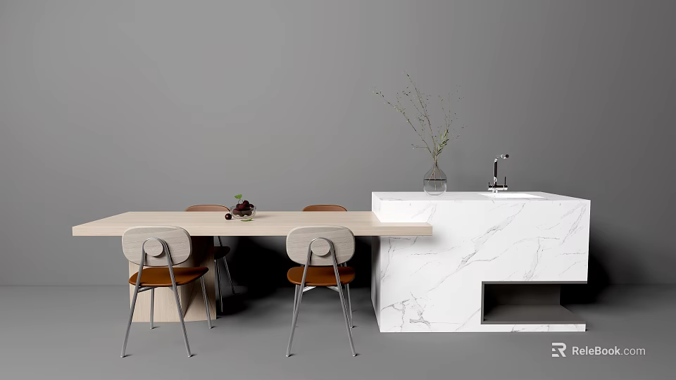 Modern Dining Table Set With Wooden Top Metal Leg Chairs And Marble Cabinet 3d model 