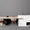 Modern Dining Table Set With Wooden Top Metal Leg Chairs And Marble Cabinet
