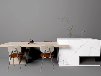 Modern Dining Table Set With Wooden Top Metal Leg Chairs And Marble Cabinet 3d model
