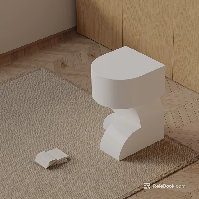 White Modern Side Table With Open Book On Woven Carpet And Wooden Floor 3d model 