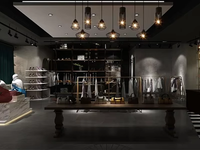 Modern Clothing Store Interior With Stylish Display Racks And Pendant Lights 3d model