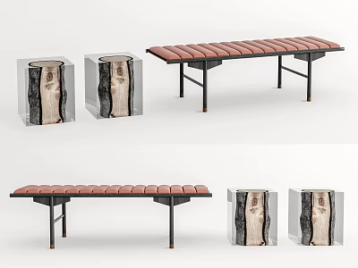 Modern Wooden Bench With Red Striped Cushion And Acrylic Tree Trunk Side Tables 3d model