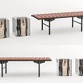 Modern Wooden Bench With Red Striped Cushion And Acrylic Tree Trunk Side Tables