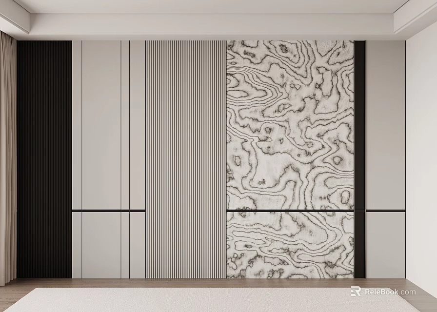 Modern Interior Background Wall Design With Wood Grain Pattern Striped Panels And Black Frames 3d model 