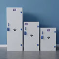 White Safety Cabinets With Blue Handles Purple Labels And Warning Signs In Different Sizes