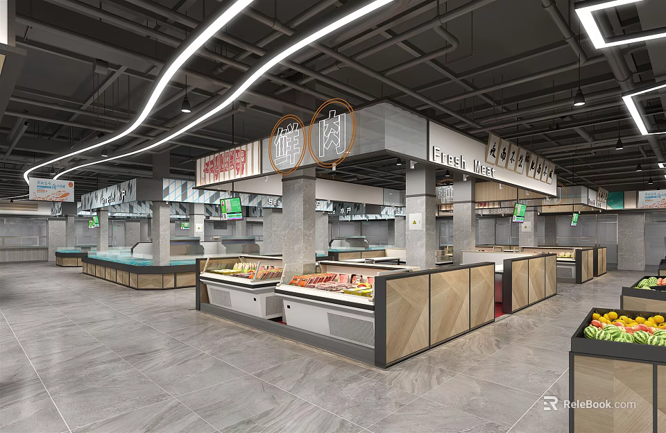 Modern Fresh Produce Market Interior With Vegetable Stalls And Fruit Displays 3d model 