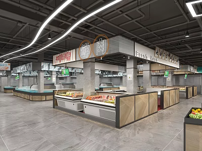 Modern Fresh Produce Market Interior With Vegetable Stalls And Fruit Displays 3d model