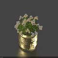 Bonsai Potted Plant With White Pink Flowers Green Leaves And Golden Textured Pot