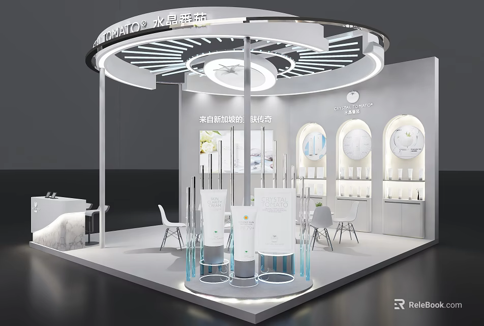 Modern Exhibition Booth With Circular Top Lighting And White Display Cabinets For Product 3d model 