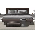 Modern Double Bed with Brown Headboard Gray Bedding Nightstands and Stool 3d model