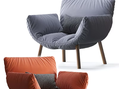 Modern Gray and Orange Leisure Chairs with Wooden Legs and Comfortable Cushions 3d model