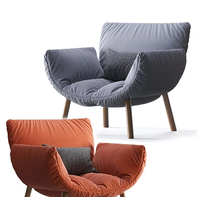 Modern Gray and Orange Leisure Chairs with Wooden Legs and Comfortable Cushions 3d model