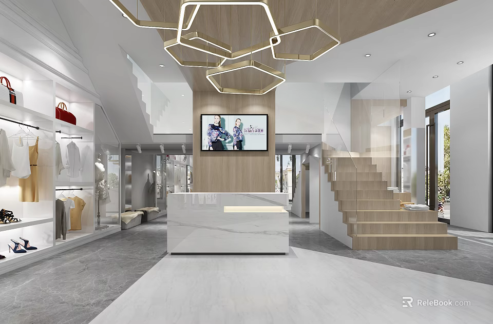 Modern Clothing Store Interior With Front Desk Staircase And Clothing Displays 3d model 