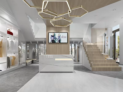 Modern Clothing Store Interior With Front Desk Staircase And Clothing Displays 3d model