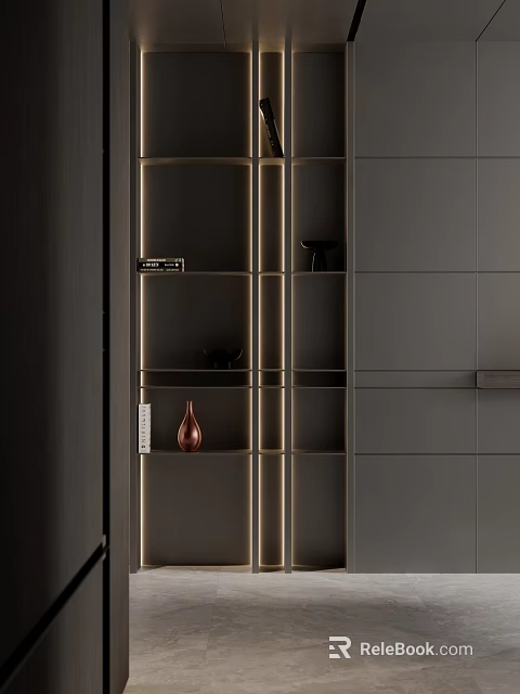 Modern Dark Gray Decorative Cabinet With Built in Lighting Open Shelves And Vase 3d model 
