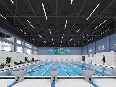 Modern Indoor Swimming Pool With Lanes Starting Blocks Large Windows Wall Decorations And Ceiling Lights 3d model