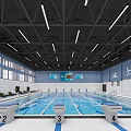 Modern Indoor Swimming Pool With Lanes Starting Blocks Large Windows Wall Decorations And Ceiling Lights