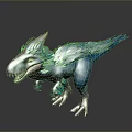 3D Rendered Feathered Dinosaur Model With Blue Pink Color And Sharp Teeth Standing Pose