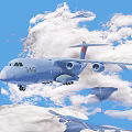 Large Passenger Aircraft 342 Flying Through Clouds In Blue Sky With Reflection