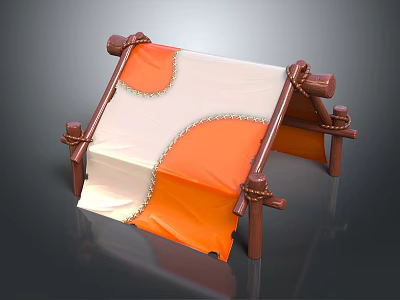 Camping Tent Design With Orange And White Fabric And Wooden Support Poles 3d model