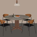 Marble Top Table and Chair Set with Wooden Backrest Black Seats and Hanging Pendant Light