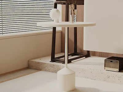 Modern White Round Side Table With Window Blinds And Decorative Sculptures 3d model