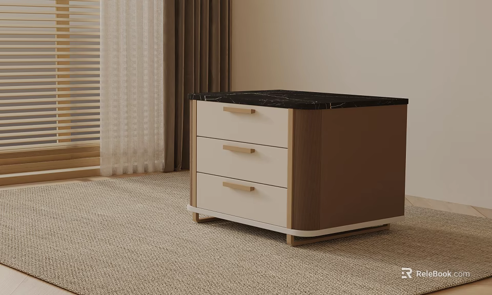 Three Drawer Side Table With Black Marble Top Light Wood Cabinet For Modern Living Room 3d model 