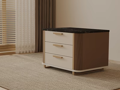 Three Drawer Side Table With Black Marble Top Light Wood Cabinet For Modern Living Room 3d model